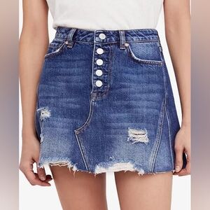 We The Free Blue Distressed Denim Mini Skirt